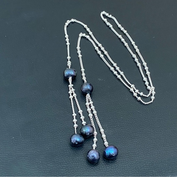 Silver-tone Chain with Freshwater Pearl Beads Lariat 24-Inch Necklace 12.5g - Picture 7 of 13